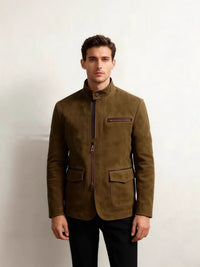 Mens Stand-Up Collar Zip-Up Jacket Casual Vintage Outerwear