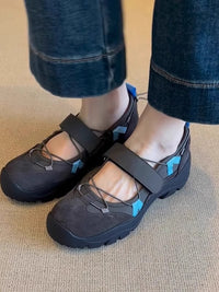 Womens Vintage Leather Thick-Soled Low-Top Velcro Mary Jane Shoes