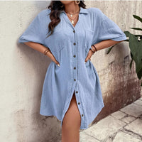 Loose-fitting Casual Cotton-linen Dress With A Turn-down Collar And Three-quarter-length Sleeves