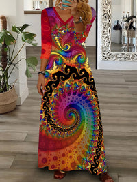 V-neck Long-sleeve Bohemian Peacock-print Floral Maxi Dress