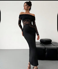 Womens Sexy Hollow-Out Lace Long-Sleeve Dress