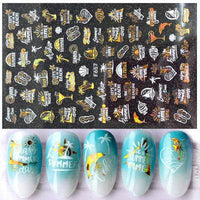 Nail Art 3D Sticker Maple Leaf Flamingo Beach White Gold Pattern Nail Sticker