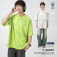 Dopamine Color Washed Dirty T-shirt Pure Cotton Distressed
