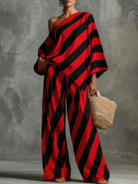 Retro Striped Printed Chiffon Top And Wide-leg Pants Set
