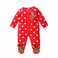 Cotton Polka Dot One-Piece Romper With Buttoned Round Neck Embroidered Deer Head One-piece