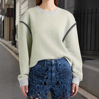Women's Retro Contrasting Color Trimmed Round Neck Long Sleeved Sportswear