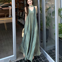 Beach-Style Retro Tie-Dye Halter V-Neck Dress