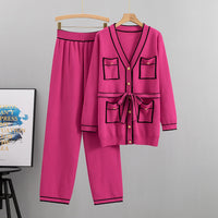 Winter Knitted Cardigan Wide-leg Pants Suit Women's