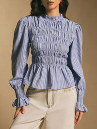 Ruffle-trimmed Versatile Striped Puff-sleeve Slim-fit Blouse