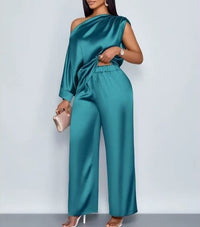 Spot 2026 European And American Cross-border Summer Casual Women's Satin Suit Slanted Collar Short-sleeved Top Trousers Set