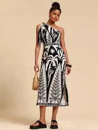 European And American-style Sexy Fashion Digital Lace-up Off-shoulder Slip Dress