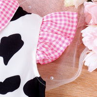 Flounced Sleeve Cow Print Top Denim Stitching Shorts Girls Suit