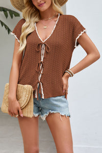 Color-block V-neck Lace-up Short-sleeve Knit Midriff-baring Cardigan