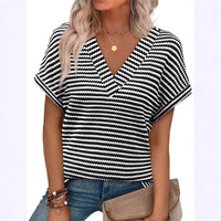 Summer V Neck Striped Loose Short Sleeve