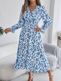 Women's Elegant Floral Print Cross V Neck Tie Waist Ruffle Maxi Dress