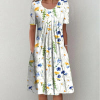 Spring And Summer Women's Elegant Large Swing Round Neck Printed Short Sleeve Dress