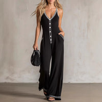 Womens V-Neck Casual Loose Backless Wide-Leg Jumpsuit