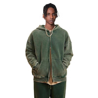Washed Hooded Cardigan Vintage Fleece-lined Double Zipper Sweater