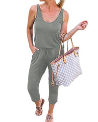 Round neck vest tie Solid Color Jumpsuit