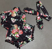 Dark Floral Set Infant Flower Print One-piece Romper Headwear