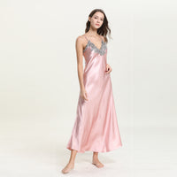 Faux silk lace sexy V-neck long suspender nightdress