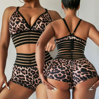 Leopard print high waist five-row fish silk European and American ladies split swimsuit