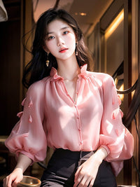 Three-dimensional Petals Solid Color Lantern Sleeve Top Slimming Shirt