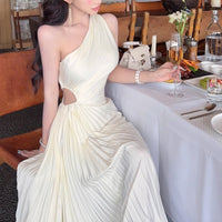 Spring Slant-Shoulder Defined-Waist Chiffon Elegant French-Style Dress For Women
