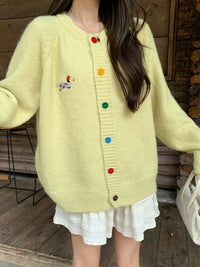 Women's Sweet Round Neck Color Buckle Puppy Pattern Long-sleeved Sweater Cardigan