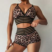 Leopard print high waist five-row fish silk European and American ladies split swimsuit