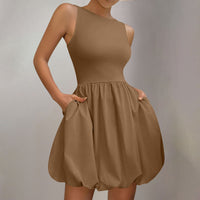 Round-neck Puffy Skirt Solid-color Ruffled Hem Zip-detail Sleeveless Dress