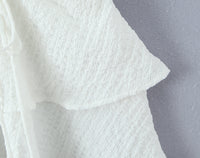 White Puff-Shoulder Ruffle-trimmed Sweet Vest Dress With Drawstring Waist And Pleats