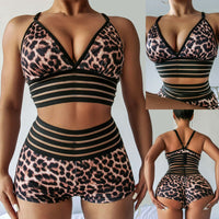 Leopard print high waist five-row fish silk European and American ladies split swimsuit
