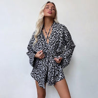 Sexy Leopard-Print Loose And Cozy Long-Sleeve Underwear And Shorts Set Loungewear