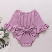Girls' Solid Color Long Sleeve Bowknot Romper