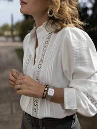Elegant White V-Neck Blouse With Lace Details