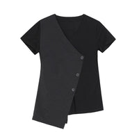 Summer New Women's Short Sleeve Slim Fit V-neck Stitching Personality Wrong Top