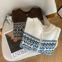 Retro Lazy Style Jacquard Long Sleeve Sweater Women