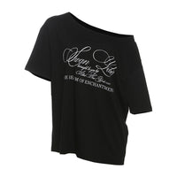Womens Street-Style Letter-Print Off-Shoulder Short-Sleeve Loose Blouse