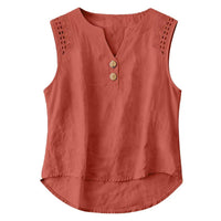 Solid-color V-neck Hollow-out Button Cotton-linen Short-sleeve Top Shirt