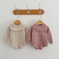 Spring And Autumn Infant And Toddler Knitted Bodysuit Lotus Collar Girl Baby Thin Woolen Long Sleeve Triangle Romper Creeper