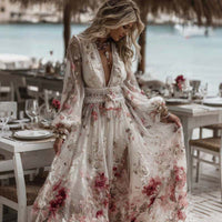 Womens 3D-printed Plant And Floral Retro Elegant V-neck Maxi Dress
