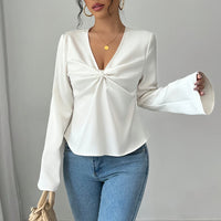 Women's Elegant Solid Color V-neck Ruffled Front Flared Sleeve Shirt