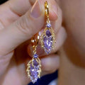 Purple Crystal Leaf Drop Earrings, Light Luxury French Style, Elegant Niche Design Ear Cuffs