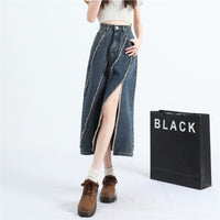 Khaki High-Waisted Raw-Hem Slit Denim Skirt Womens Summer
