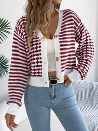 Women Color Block Stripe Lantern Sleeve Short Cardigan Sweater