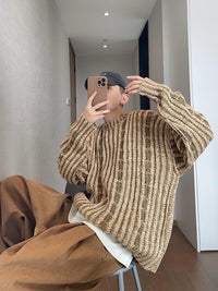 Mens AutumnWinter Retro All-Match Loose Khaki Green Cabled Double-Face Crew-Neck Distressed Thick Sweater