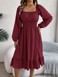 Women's Casual Solid Color Square Neck Long Sleeve Tie Waist Ruffle A-Line Dress