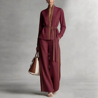 Women's Casual Patchwork Cardigan Shirt And Wide-Leg Pants Set