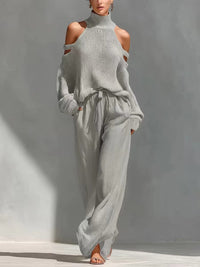 Womens Long-Sleeve Turtleneck Top And Pants Two-Piece Set